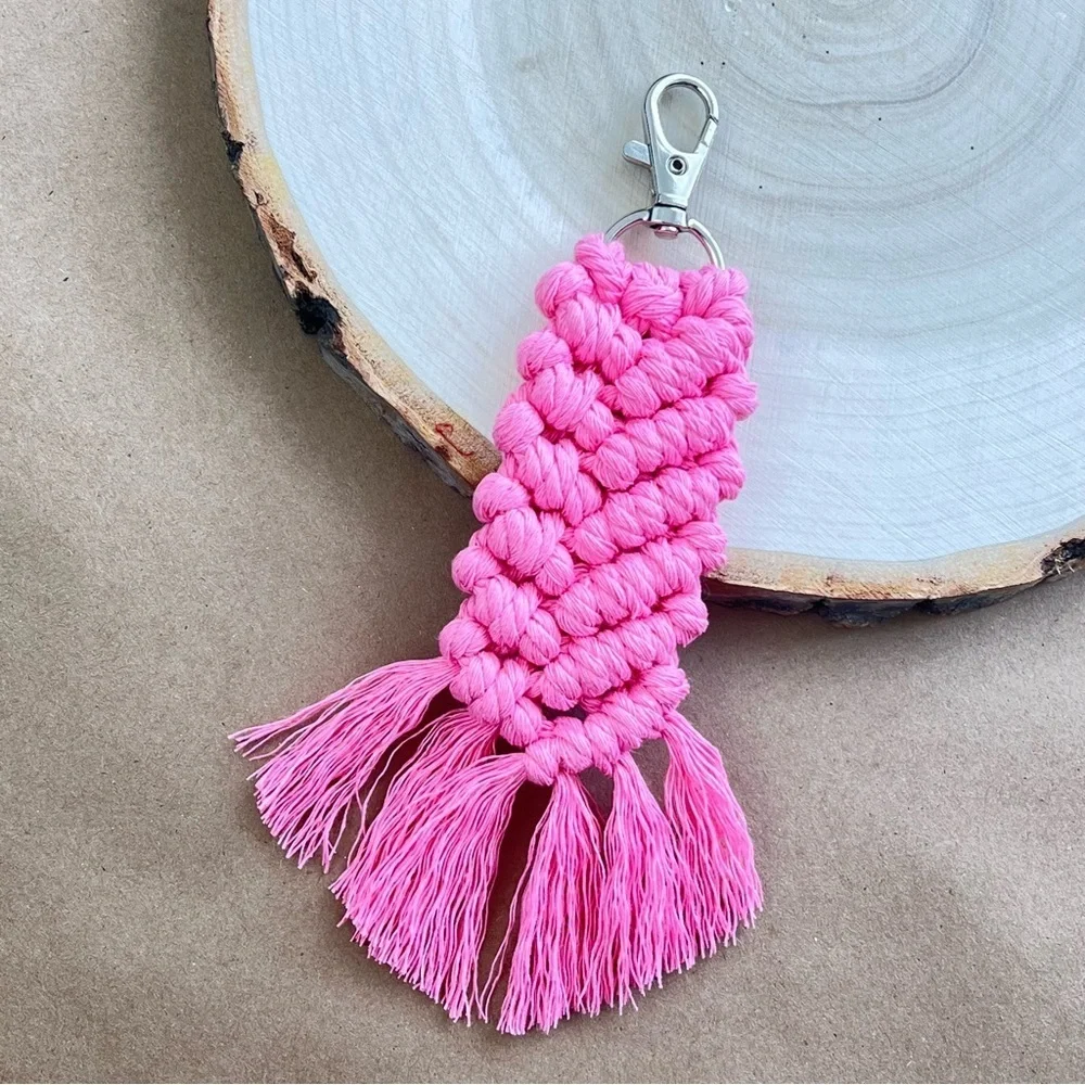 Braided Handcrafted Boho Macrame Hot Pink Keychain